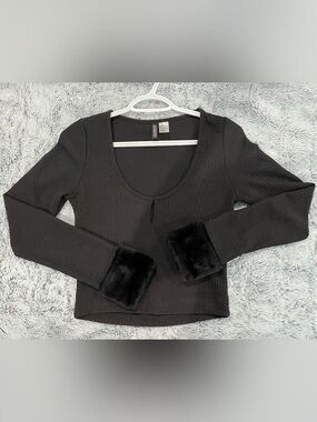 Black Ribbed Long Sleeve Top with Faux Fur Cuffs